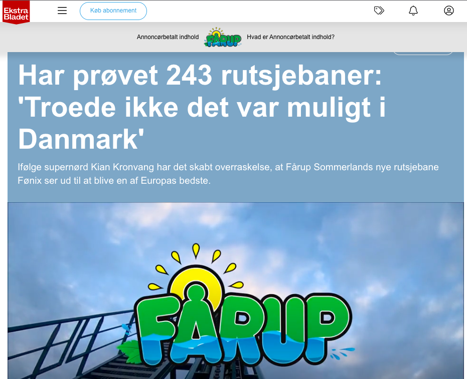 Native advertising på Ekstra Bladet produceret i samarbejde med Faarup Sommerland