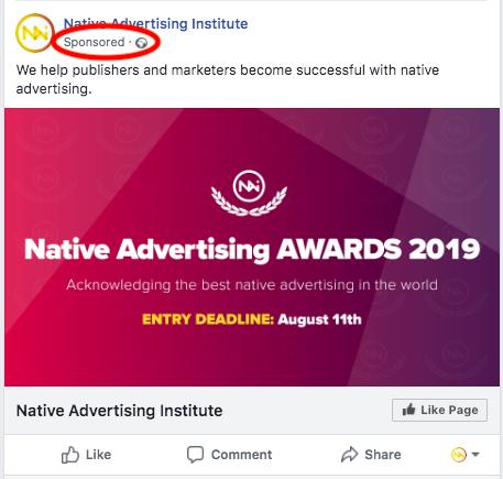 Facebook sponsored post for the Native Advertising Institute's Native Advertising Awards 