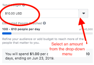 Setting the budget on you Facebook sponsored post