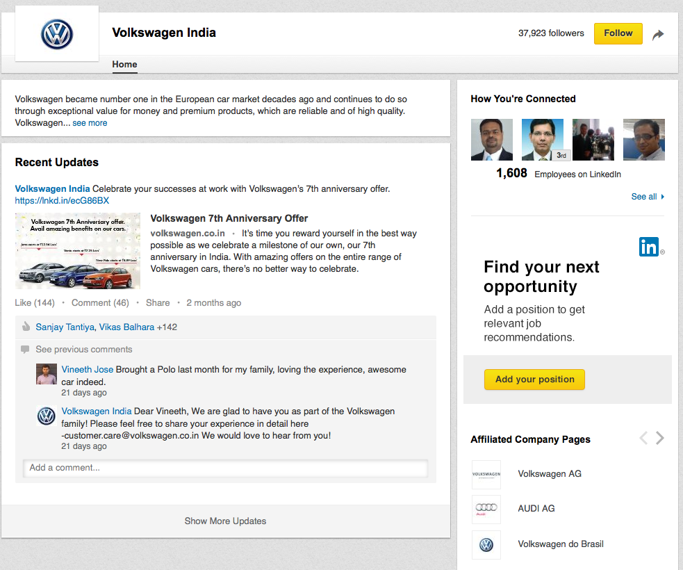 VW India LinkedIn sponsored ad